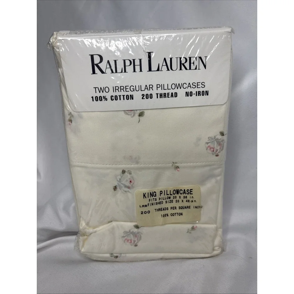 Vtg Ralph Lauren 2 Irregular King Pillowcases Tracy Floral Rose NOS Shabby Chic